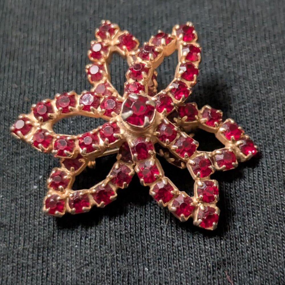 Vintage red crystal flower brooch